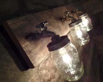24" 3 Mason Jar Light Fixture Faucet Style Country Reclaimed OAK Barn board