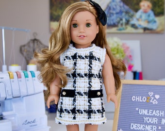 Classic Designer Tweed Dress For American Girl Doll 18 inch Doll Birthday Holiday Christmas Gift For Girls AG Doll Clothes Gingham Check