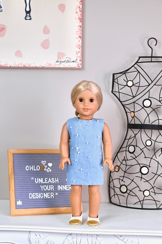 Handmade Designer Pearl Embellished Denim dress For 18 Inch AG Dolls