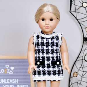 Handmade Designer Tweed Dress For American Girl 18 inch Dolls Black White Check