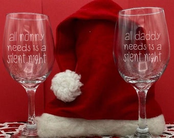 New Parents Wine glass,Holiday Wine, etched christmas, christmas wine, personalized, New Parent, New Mom, New Dad, Silent Night, Sleep