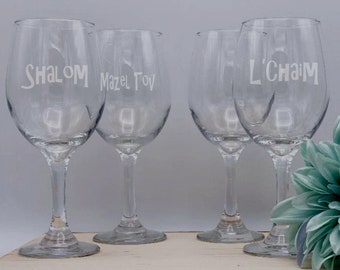 Wine Glasses for Hanukkah set of 4, Hebrew Saying wine glass, Cute Hanukkah gifts, Menorah, Mazel Tov, happy Challah day, stemmed wine glass