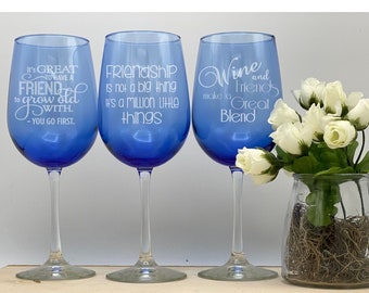 Friendship, Never Too Far, Cobalt Blue wine glass, customized, Best Friends, Long Distance Friendship, Good Friends, BFFs,