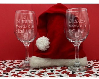 Gift for The New Dad and New Mom, Set of 2, Christmas Silent Night wine glass, Parents, Custom Made etched Wine, Personalized, Fast Shipping
