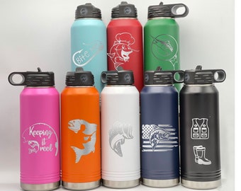 Personalized Custom ENGRAVED 32oz Water Bottle, Sport Fishing, Fun Fish Logo , Insulated Hydro Bottle, Vacuum Flask, Hot Cold Polar Camel