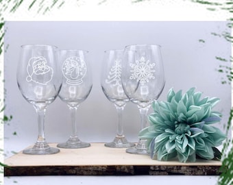set of 4, Christmas wine Glasses, Holiday Wine Glasses, Snowman Wine, Candy Cane Wine Glass, Snowflake Glass, housewarming gift,holiday gift