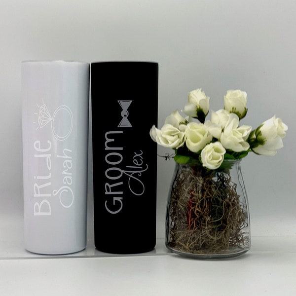 Bridal Set of 2 Skinny Tumblers, Fast Shipping, Groom, Mustache, Bling Ring, Crown, Tux, Custom, Laser Etched, Dishwasher Safe, Personalized