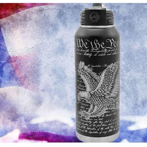 We The People,  USA Eagle with flag, Custom Full Wrap 32oz Water Bottle, Patriotic American, Constitution-inspired design,