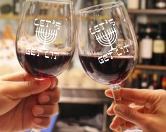 set of 2 Hanukkah   wine glasses, Hanukkah, let’s get lit, funny holiday sayings,Holiday wine glass, Hanukkah gifts, menorah