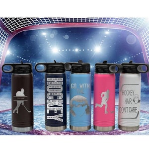 Gourde de voyage, Gourde de 20 oz gravée par une équipe d&#39;enfants, Gourde isotherme personnalisée, Fiole isotherme, Cheveux de hockey, Joueuse de hockey