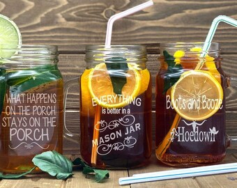 Country Chic Personalized Girls Boots and Booze Trip Mason Jar Glass Everything Better in a Mason Jar Add A Logo Bachelorette party