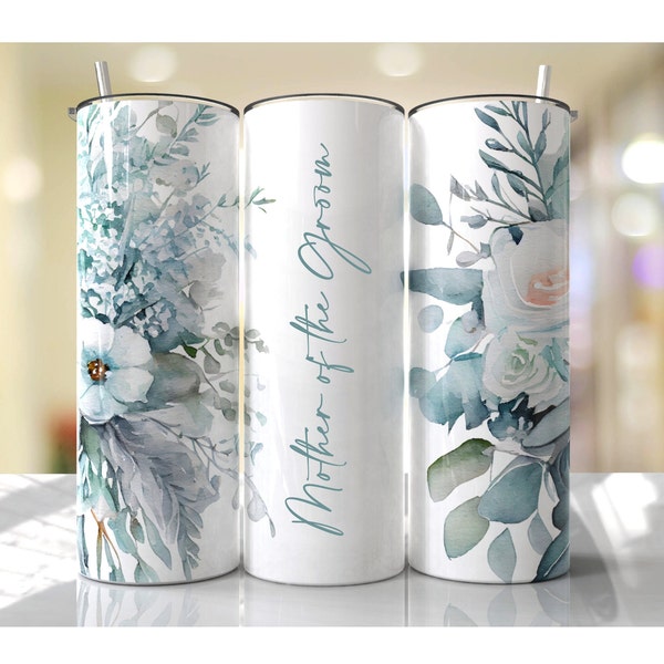 Personalized Floral Light Blue Wedding Tumbler, 20oz, Grandmother, Mother of Groom, Mother of Bride, Bride, Wedding Party, Dishwasher Safe