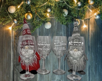 Set of 4, Christmas Saying wine Glasses, Holiday Wine Glasses, Snowman, Candy Cane, Snowflake Glass, Holiday Vacation Time, Holiday Gift