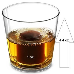 May include: A clear glass filled with a dark amber liquid and a brown ice sphere. The image shows a 1 oz. measurement at the bottom and a 4.4 oz. measurement indicated by an arrow.