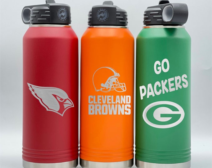 Personalized Custom ENGRAVED 32oz Water Bottle, Football Teams Logo, Jets, Giants,  Arizona, Insulated Hydro Bottle, Vacuum Flask, Hot Cold