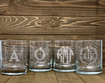 set of 4 rock glasses, double old fashion glass, fancy monogram, housewarming gift, birthday, wedding , anniversary, engagement,initials