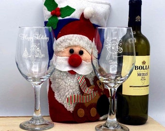 Set of 2 christmas wine glasses, Elves, Happy Elf, snow globe wine glass, santa, Rudolph reindeer, Red nosed reindeer,  Holiday wine glass