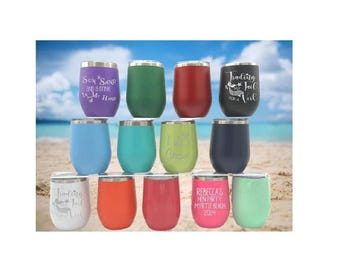 Beach Theme Wine Tumbler, Personalized Stainless Steel, Laser Etched