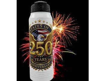 USA 250 Celebration, Semiquincentennial Logo, 32 oz  Bottle, Color Sublimation, Eagle, American Flag, Stars and Stripes, Patriotic, Veterans