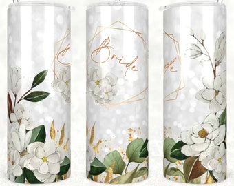 White Flowers Personalized Wedding Tumbler, Floral Stainless Steel 20oz, Dishwasher Safe