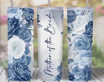 Personalized Floral Tumbler, Dusty Blue Wedding Party Gift