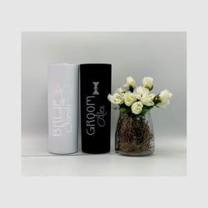 Bridal Set of 2 Skinny Tumblers, Fast Shipping, Groom, Mustache, Bling Ring, Crown, Tux, Custom, Laser Etched, Dishwasher Safe, Personalized