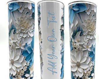 Beach Blue Floral Tumbler, Personalized Stainless Steel 20oz Travel Mug