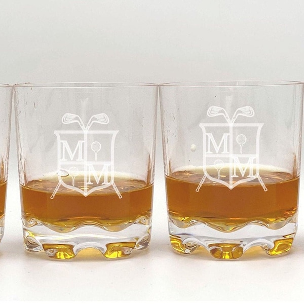 Golfing Gift set of 6, polycarbonate, shatterproof rock glasses, golfers 19th Hole, monogram, golf clubs, whiskey glass, unbreakable