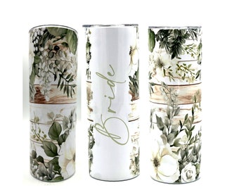 Floral Wedding Tumbler, Rustic Green Hues, Personalized 20oz