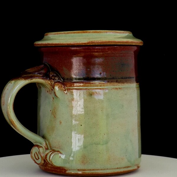 14oz. Lidded Tea Cup 1002TC, Light Green ShinoTea Cup, Handmade Stoneware Tea Cup (Free Priority Shipping in all 50 states}