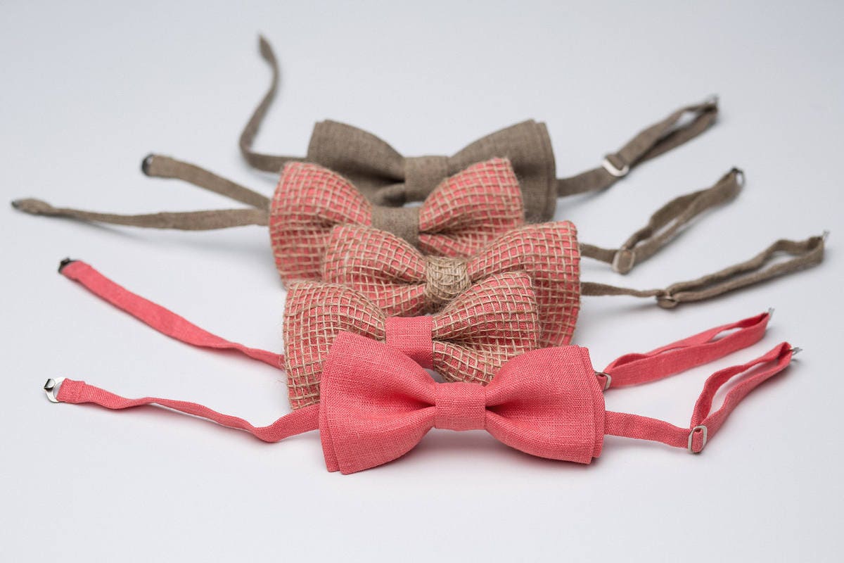 Coral Bow Tie Men Wedding Set Groom Colorful Accessories Linen | Etsy