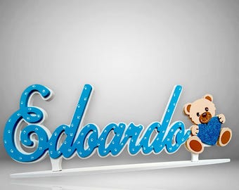 personalized wooden name with teddy bear decoration