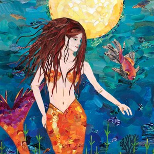 Mermaid Fine Art Print, Magazine Collage, Upcycle, Full Moon, Beach, Sanibel, Ocean, Fish, Nature, Recycle