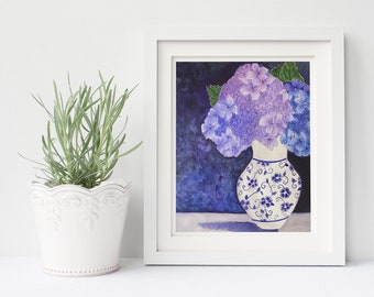 Hydrangeas, Watercolor, Purple Hydrangeas, Hydrangea, Flowers, Floral, Ceramic Vase, Floral, Cape Cod, Newport, New England, The Cape