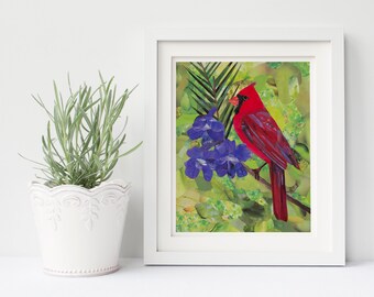 Male Cardinal Fine Art Print, Cardinals, Cardinal, Bird, Birds, Red Birds, Magazine Collage, Nature, Jacaranda, Recycle