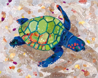 Baby Loggerhead Fine Art Print, Magazine Collage, Upcycle, Turtle, Beach, Sanibel, Ocean, Animals, Nature, Recycle