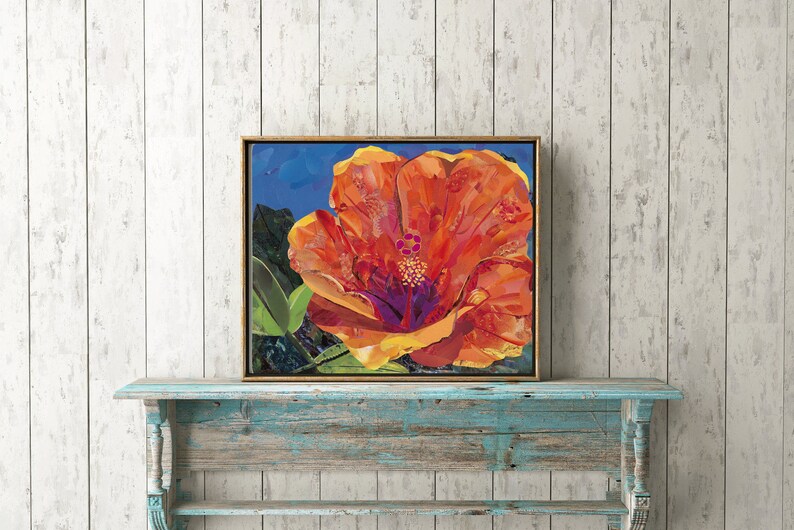 Orange Hibiscus Fine Art Print, Magazine Collage, Upcycle, Hibiscus, Beach, Sanibel, Ocean, Flowers, Nature, Recycle image 2