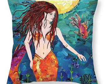 Throw Pillow Cover, Mermaid, Pillow, Fish, Ocean, Housewarming Gift, Redhead, Beach, Coastal Decor, Home Accents, Sanibel, Nautical, Moon