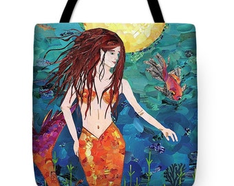 Mermaid Tote Bag, Magazine Collage, Upcycle, Tote, Totes, Ocean, Mermaiden, Fish, Sea, Sea Life, Full Moon, Sanibel