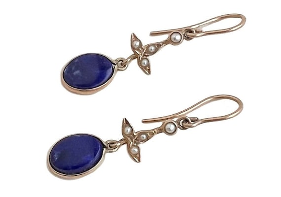 Victorian Lapis Lazuli Earrings - 14k Yellow Gold… - image 1