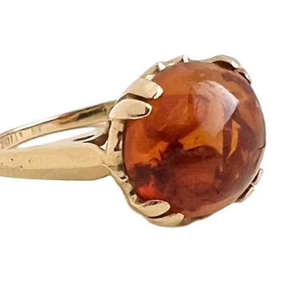 Antique Amber Ring - 14k Yellow Gold Amber Solitaire Early 1900s Ring Size 4 1/2