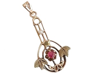 Antique Ruby Lavalier - 10k Yellow Gold Edwardian Early 1900s Pendant
