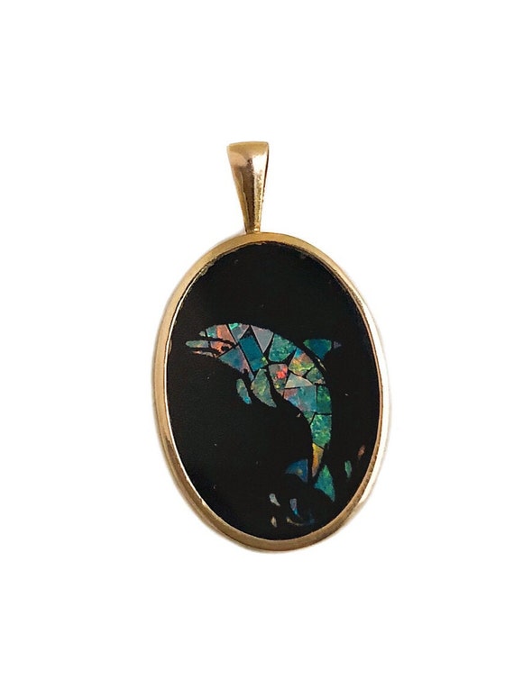 Black Onyx Opal Mosaic 14k Yellow Gold Dolphin Pen