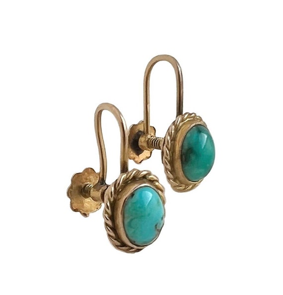 Antique Turquoise Earrings - 9k Rose Gold Screw B… - image 3