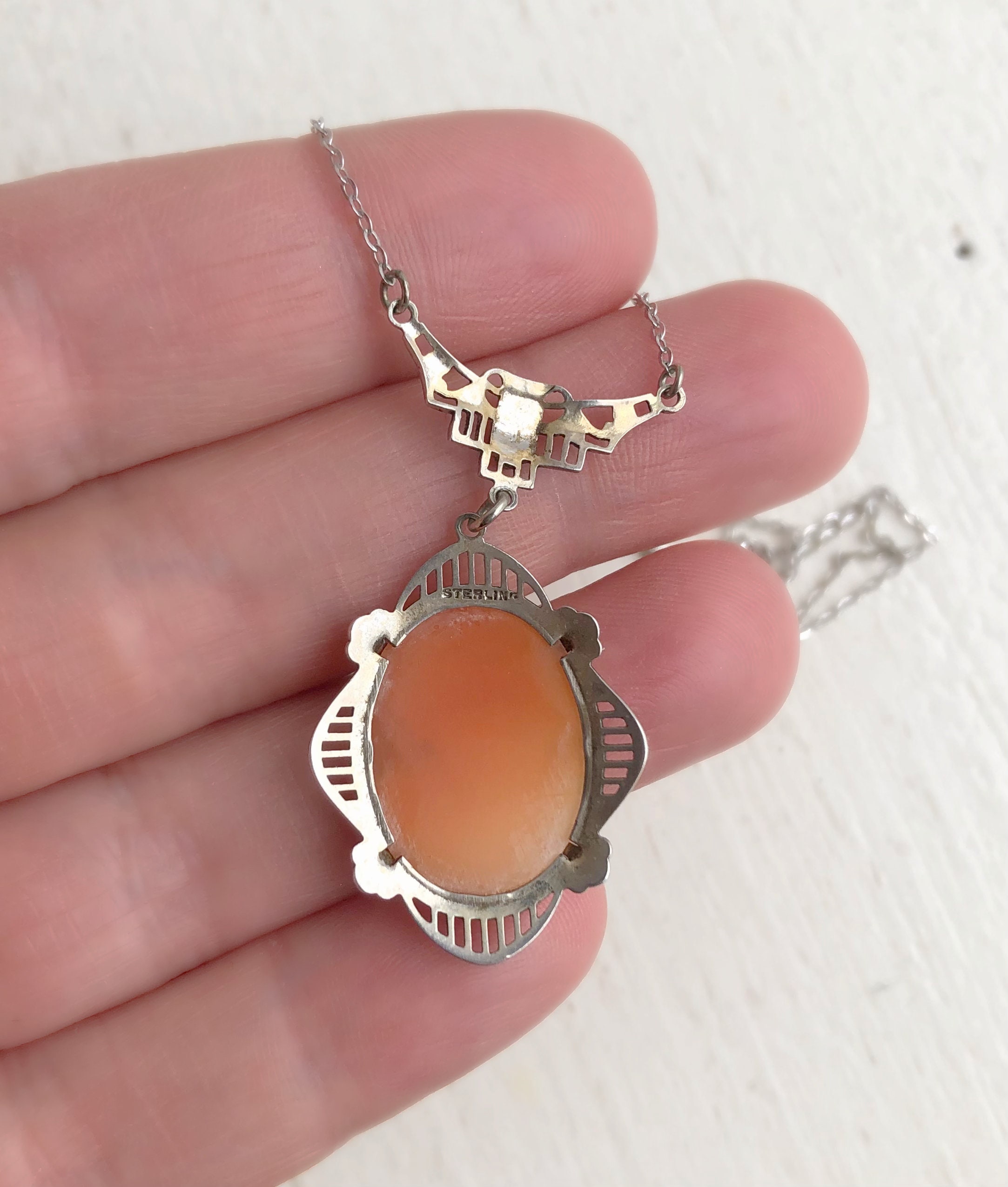 Vintage Cameo Necklace - Sterling Silver Carved Shell 1930s Silhouette ...