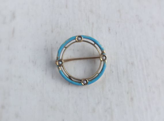 Antique 14k Yellow Gold Blue Enamel Seed Pearl Kr… - image 6