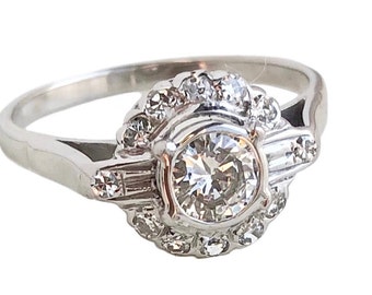Antique Diamond Halo Ring - 18k White Gold Genuine .35 Center Diamond Ring Size 6 3/4 - 1930’s
