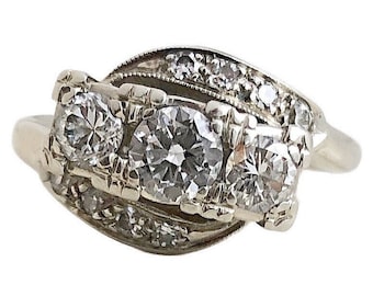 Vintage Diamond Ring - 14k White Gold 1.2ct Total Diamond Engagement Ring 1930s - Size 6