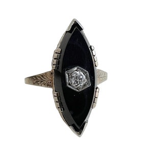 Black Onyx Art Deco Ring - 14k White Gold .25 Ct Diamond 1930s Ring - Size 11