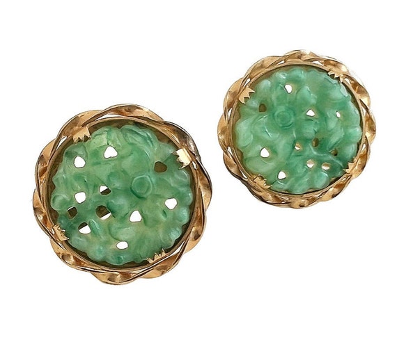 Vintage Jade Earrings - 12k Gold Filled Carved Ja… - image 1